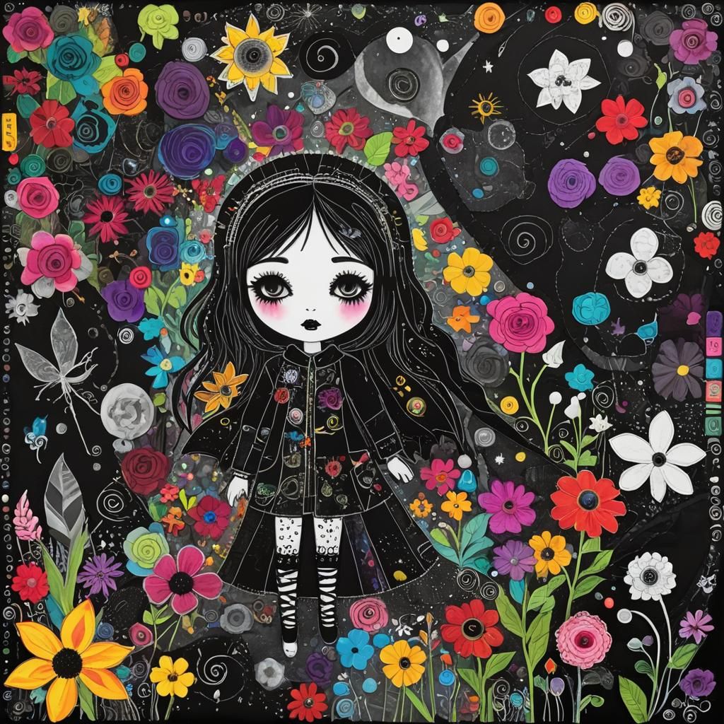 Surreal Crayon Drawing of a Chibi Goth Girl