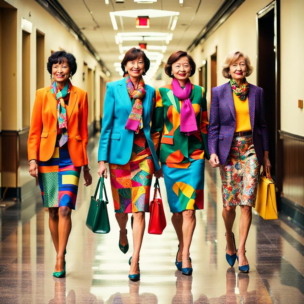 Bright Skirt Suits and Scarves in Hallway