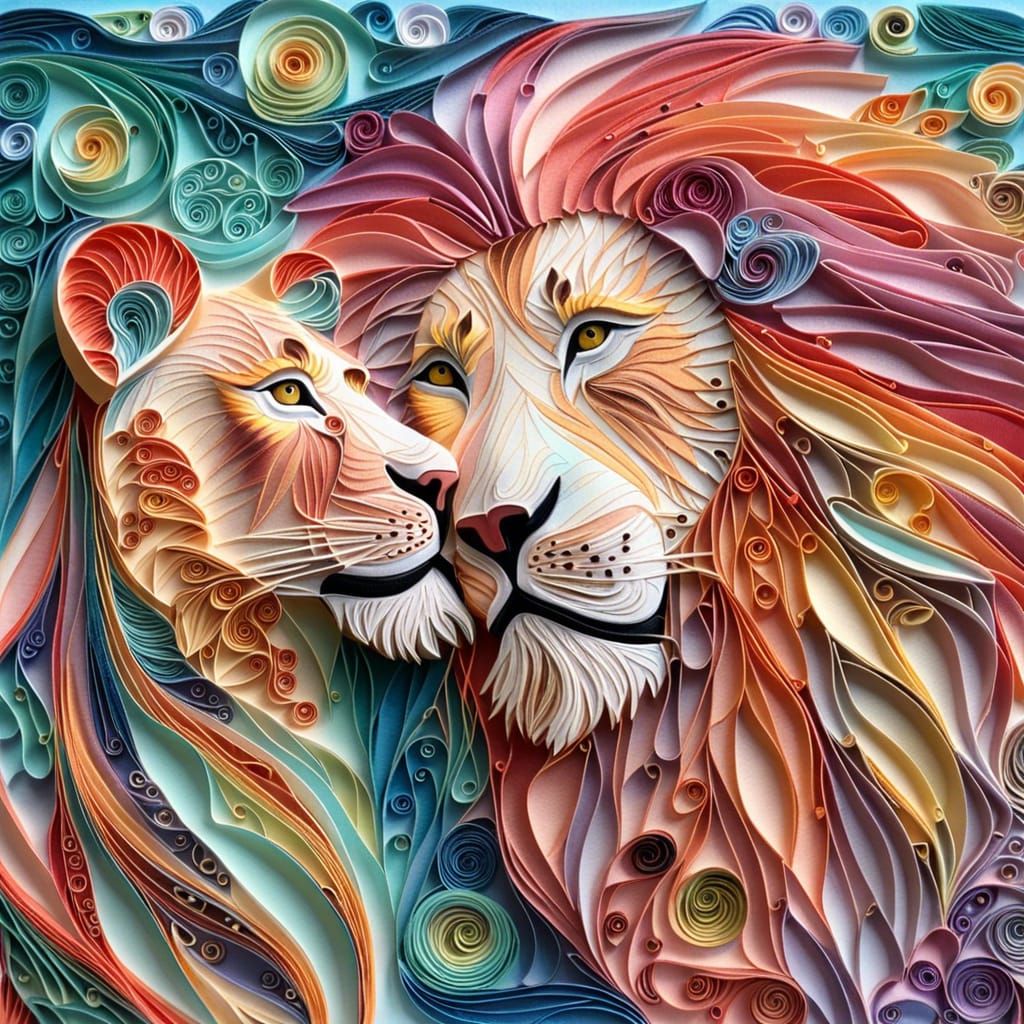 Quilled Paper Art: Affectionate Lions in Pastel