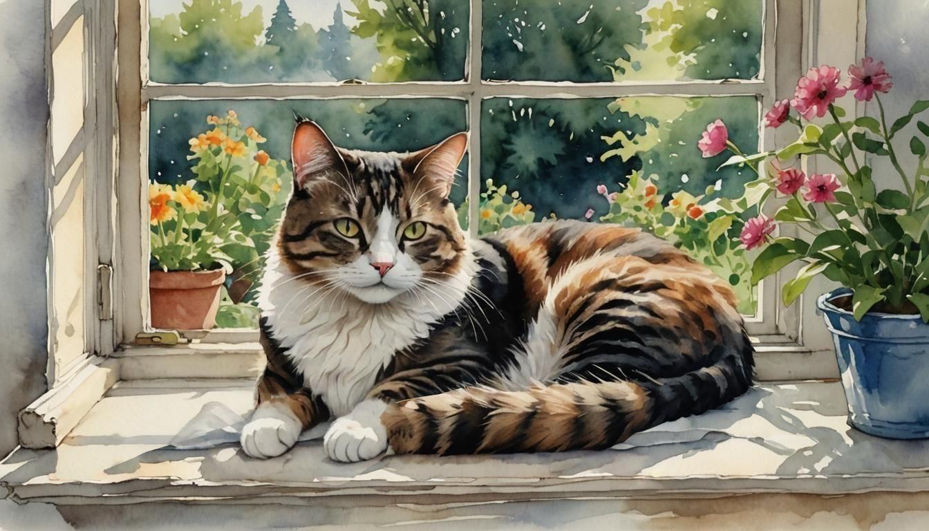 Cat Nap on Windowsill in Watercolor Style