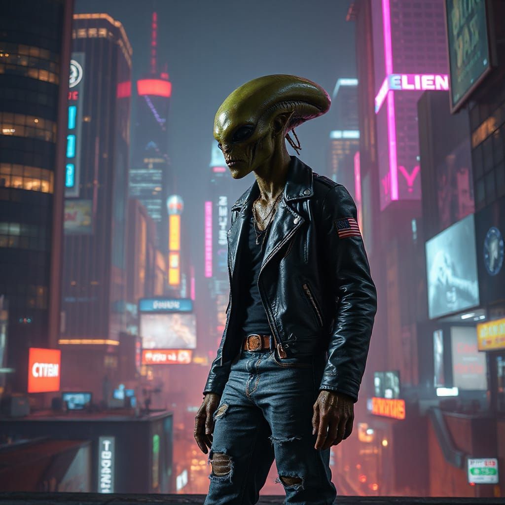 Alien in Cyberpunk Cityscape Digital Matte Painting