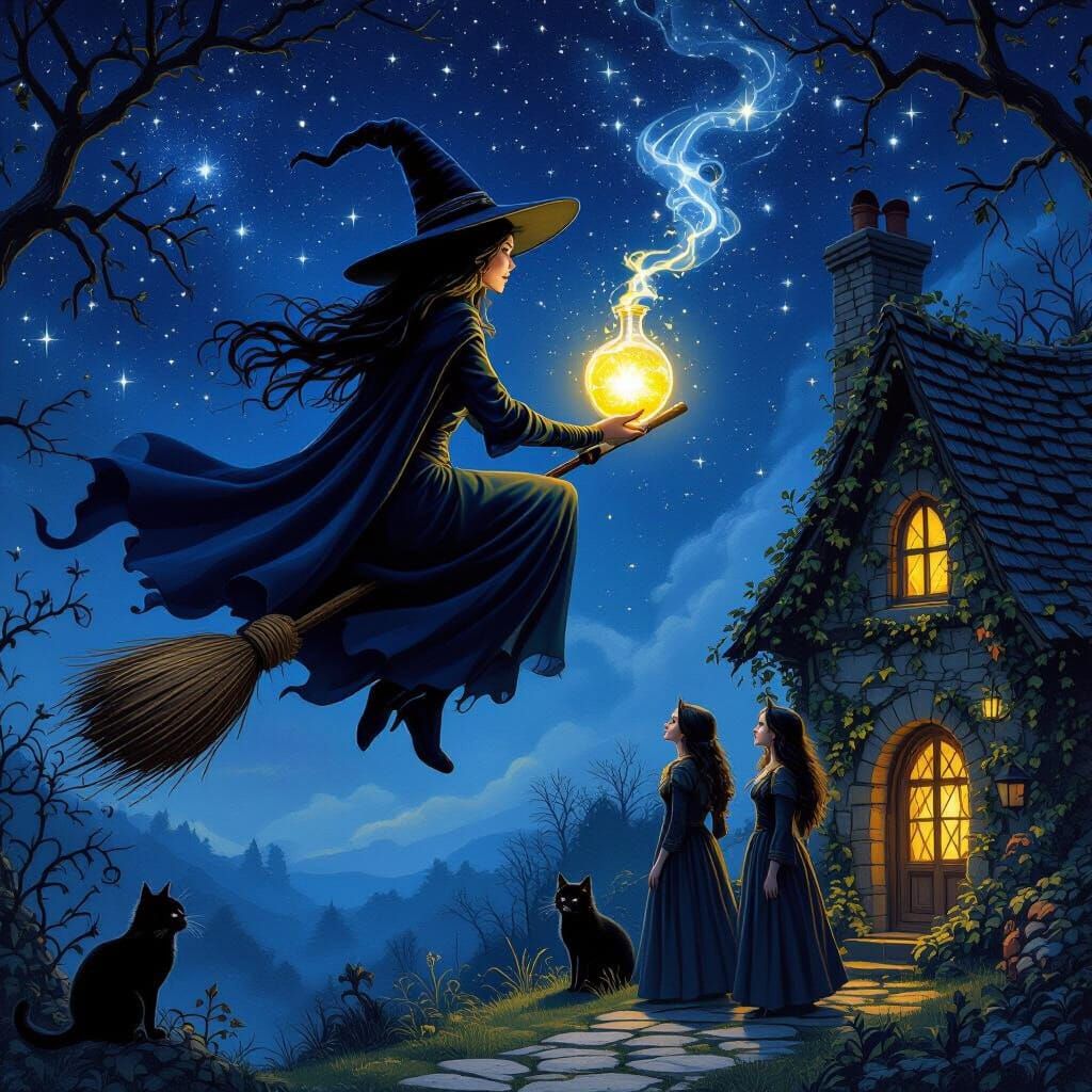 Medieval Witch Flies with Magic Potion Above Ivy Cottage