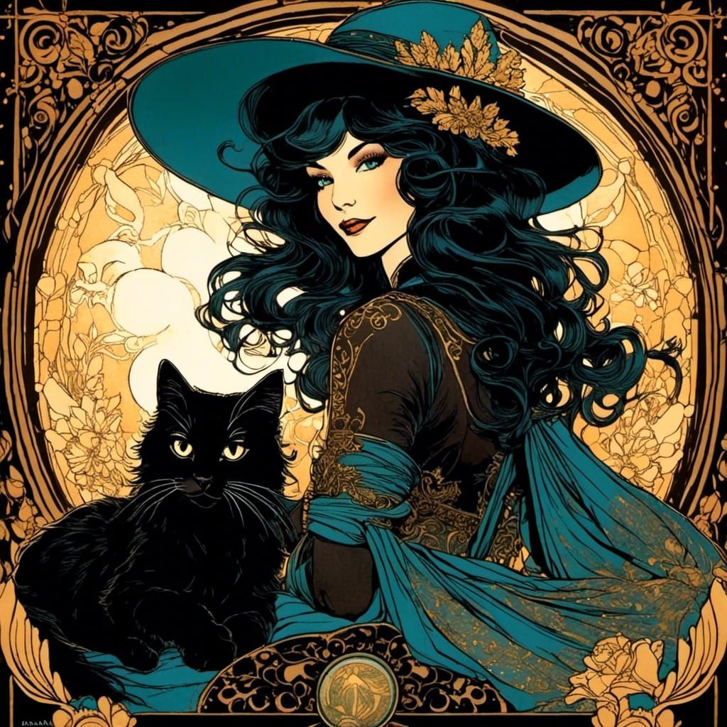 Earth Witch with Black Cat in Inked Style