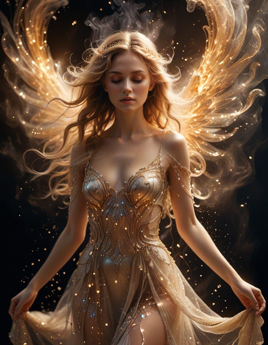 A luminescent angel whose wings are made of swirling smoke, ...