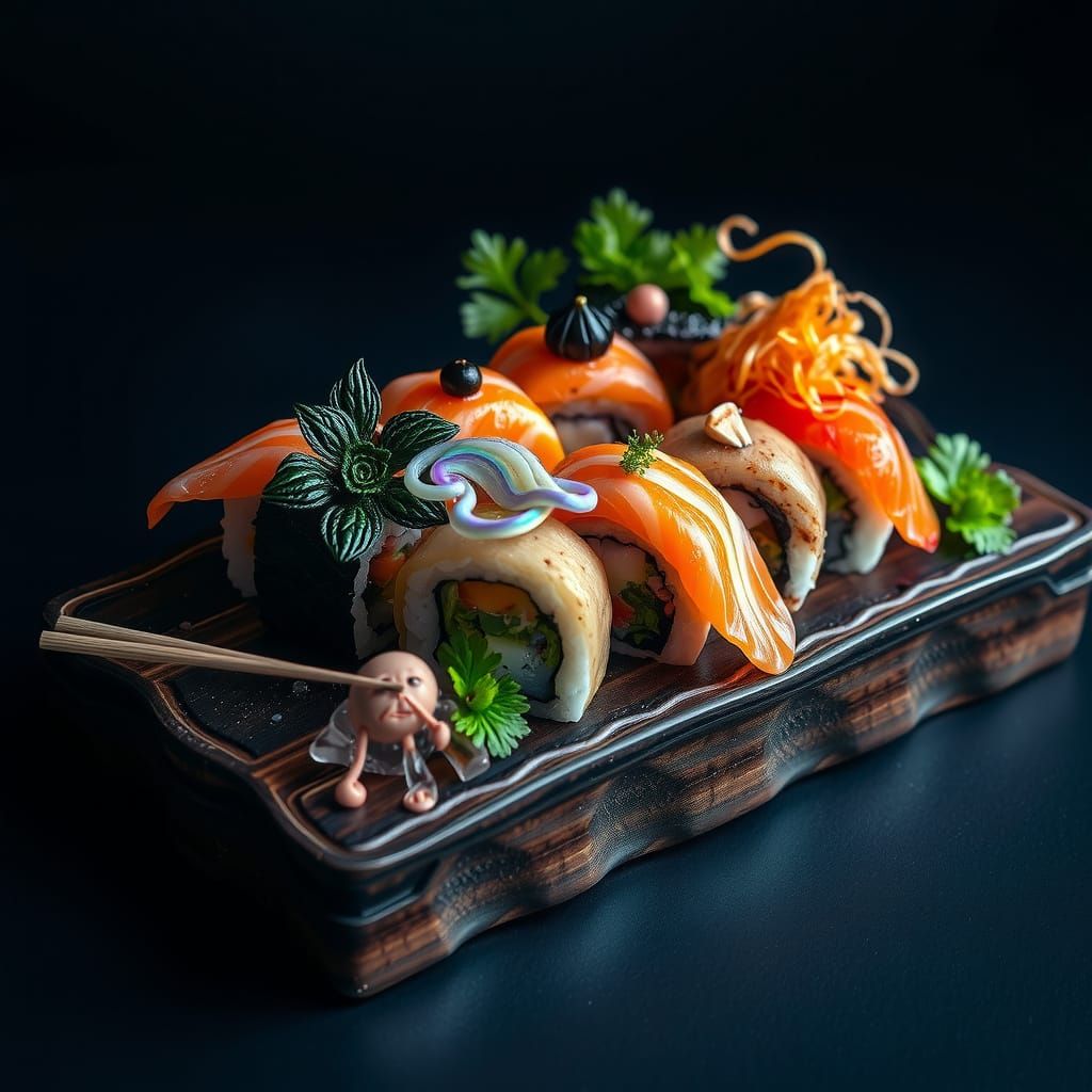 Hyperrealistic Sci-Fi Sushi on a Dark Wood Tray