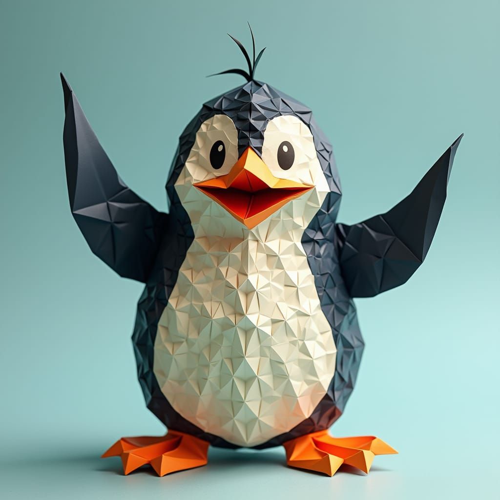 Origami Penguin Clown Inspired by Hokusai in 8K