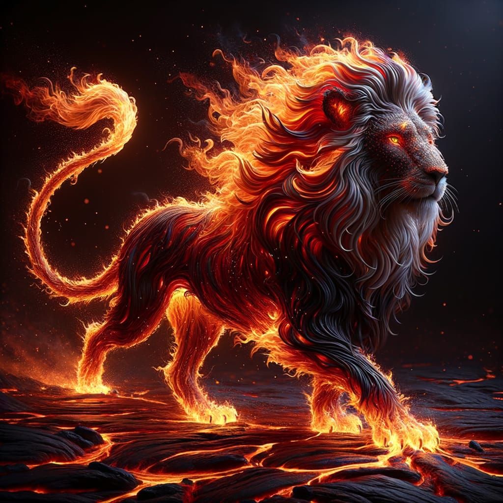 Majestic Fire Lion in Hyper-Realistic Digital Art