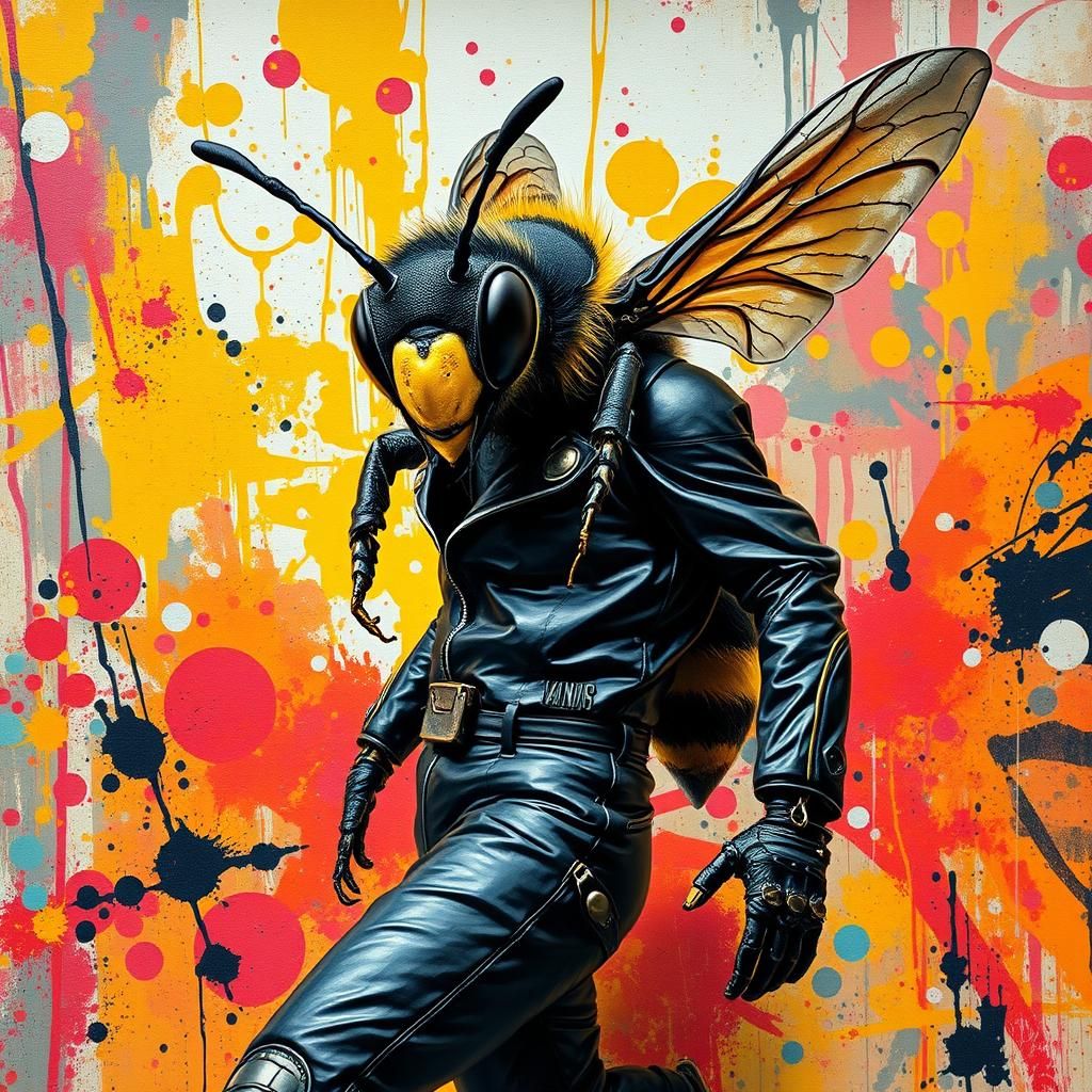 Bee in Leather Suit Amidst Graffiti Art