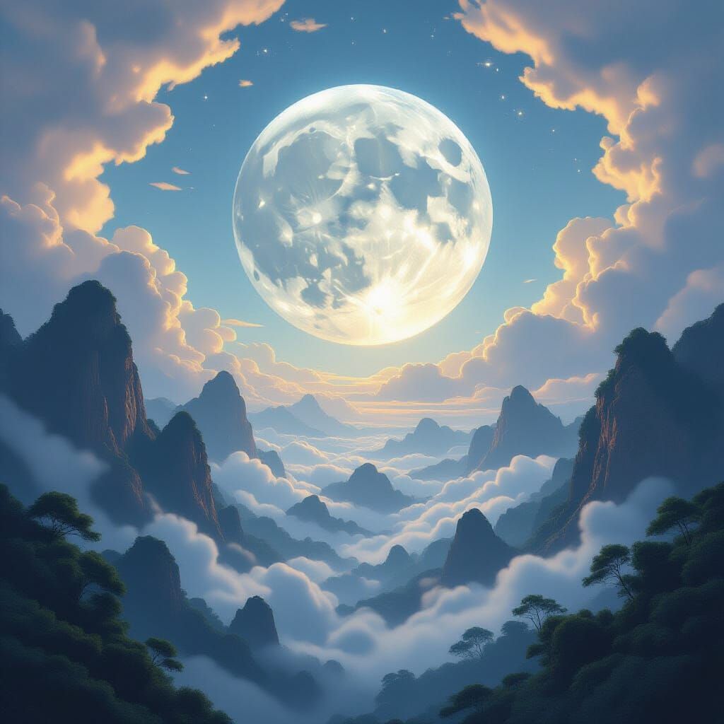 Giant Celestial Body Over Misty Landscape in Art Deco Style