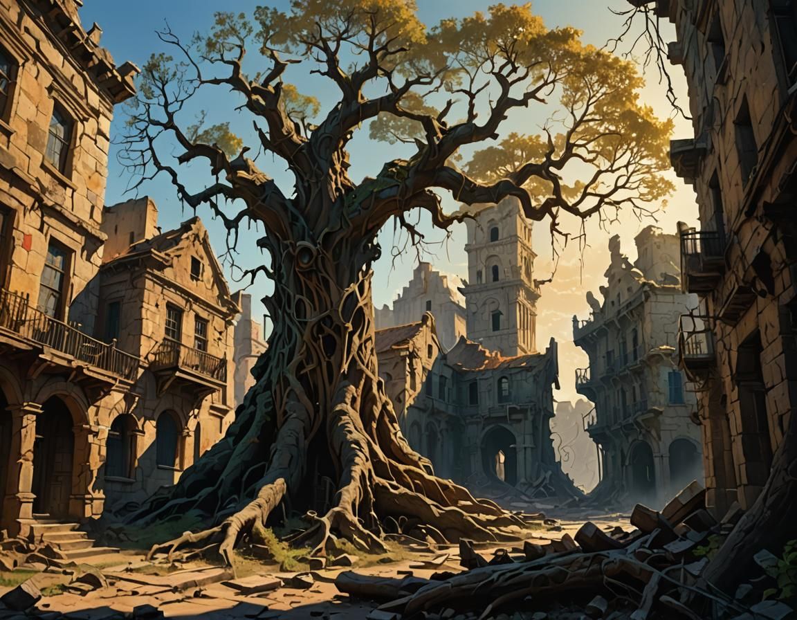 Mystical Tree in Ruined Cityscape, Dark Fantasy Art