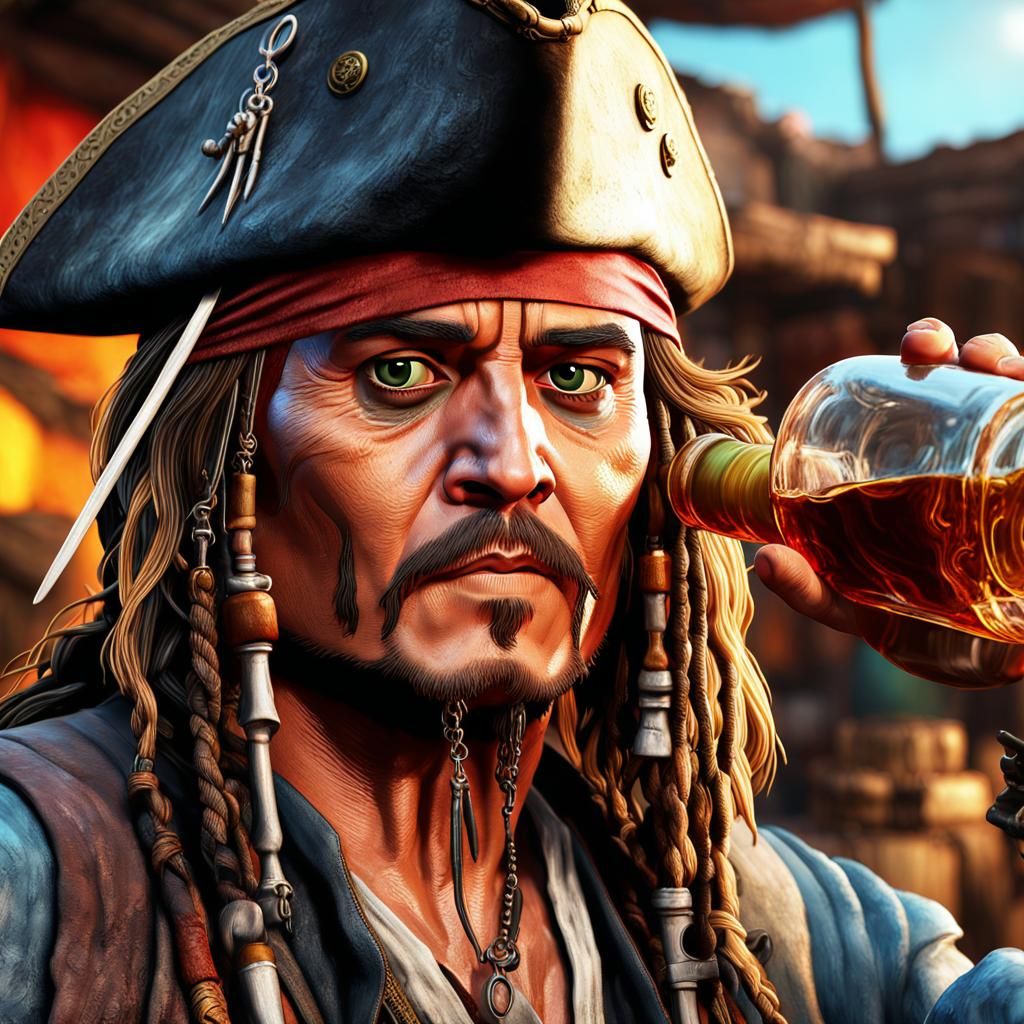 Hyperrealistic Portrait of Captain Jack Sparrow with Rum