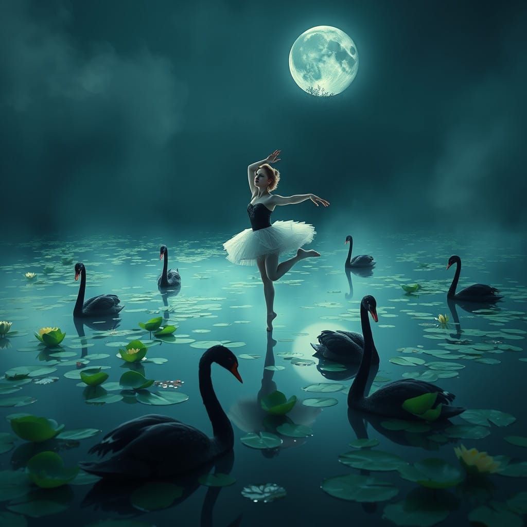 Ethereal Ballerina in Moody Black Swan Lake Landscape