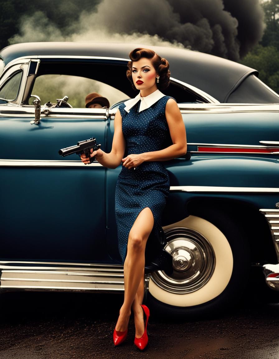 1950s Woman with Gun Leaning on Impala