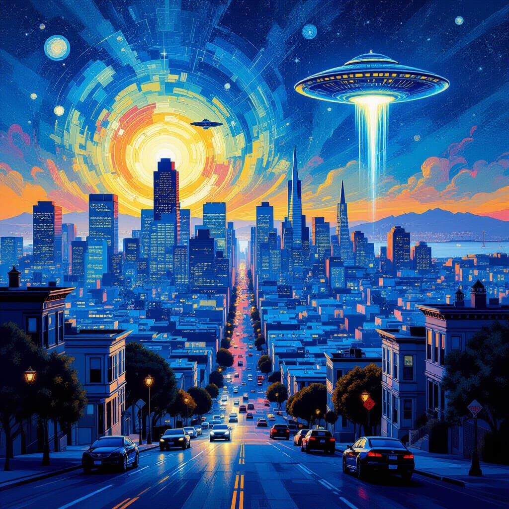 Alien News Over San Francisco in Digital Surrealist Style