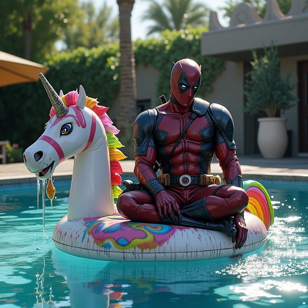 Deadpool Relaxing on a Rainbow Unicorn Floaty in a Fantastic...