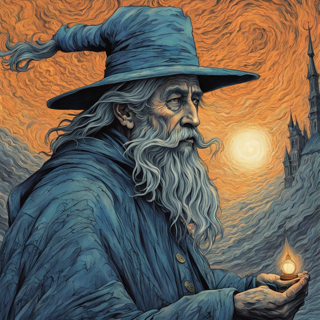 Gandalf in a Dreamy, Starry Night Landscape