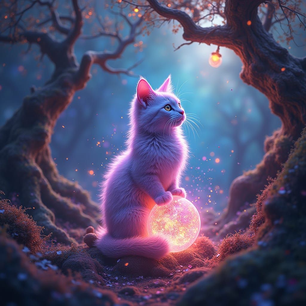 Whimsical Cat Amidst Ethereal Landscape