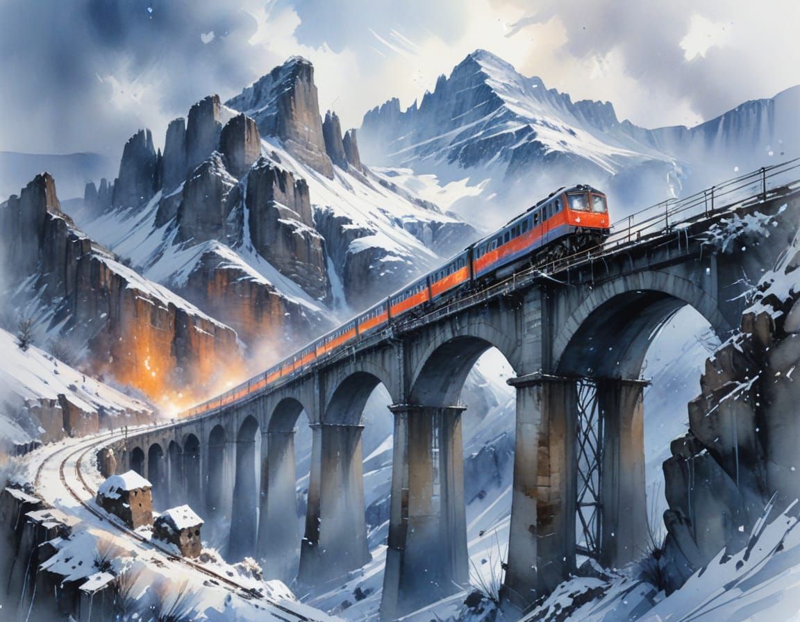 Mountain Viaduct in Blizzard with Faint Train Lights