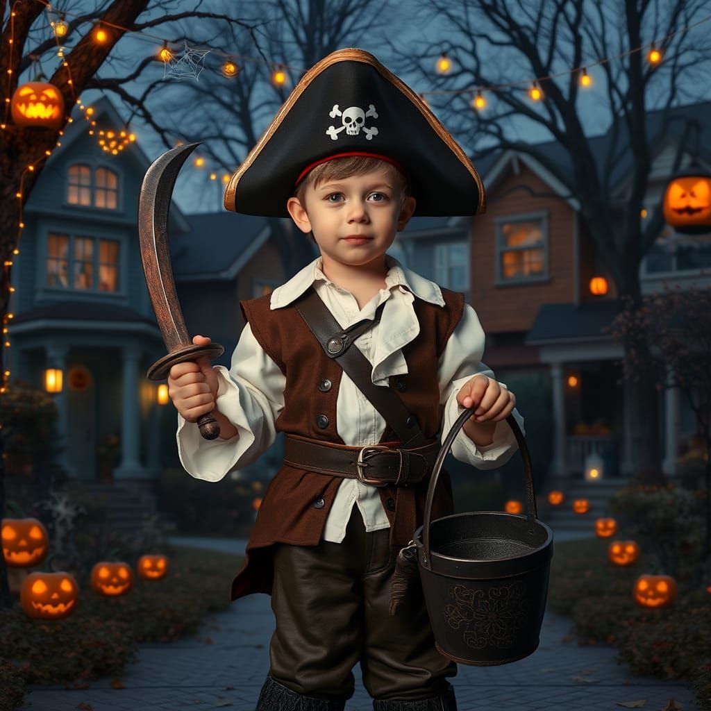 Little kid dressed as a pirate with wooden sword going trick...