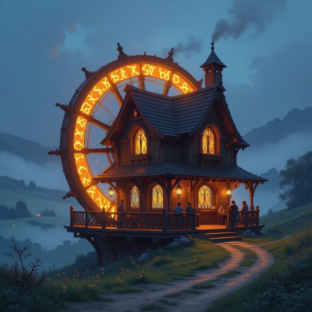 Ethereal Traveling Tavern Amidst Twilight Countryside
