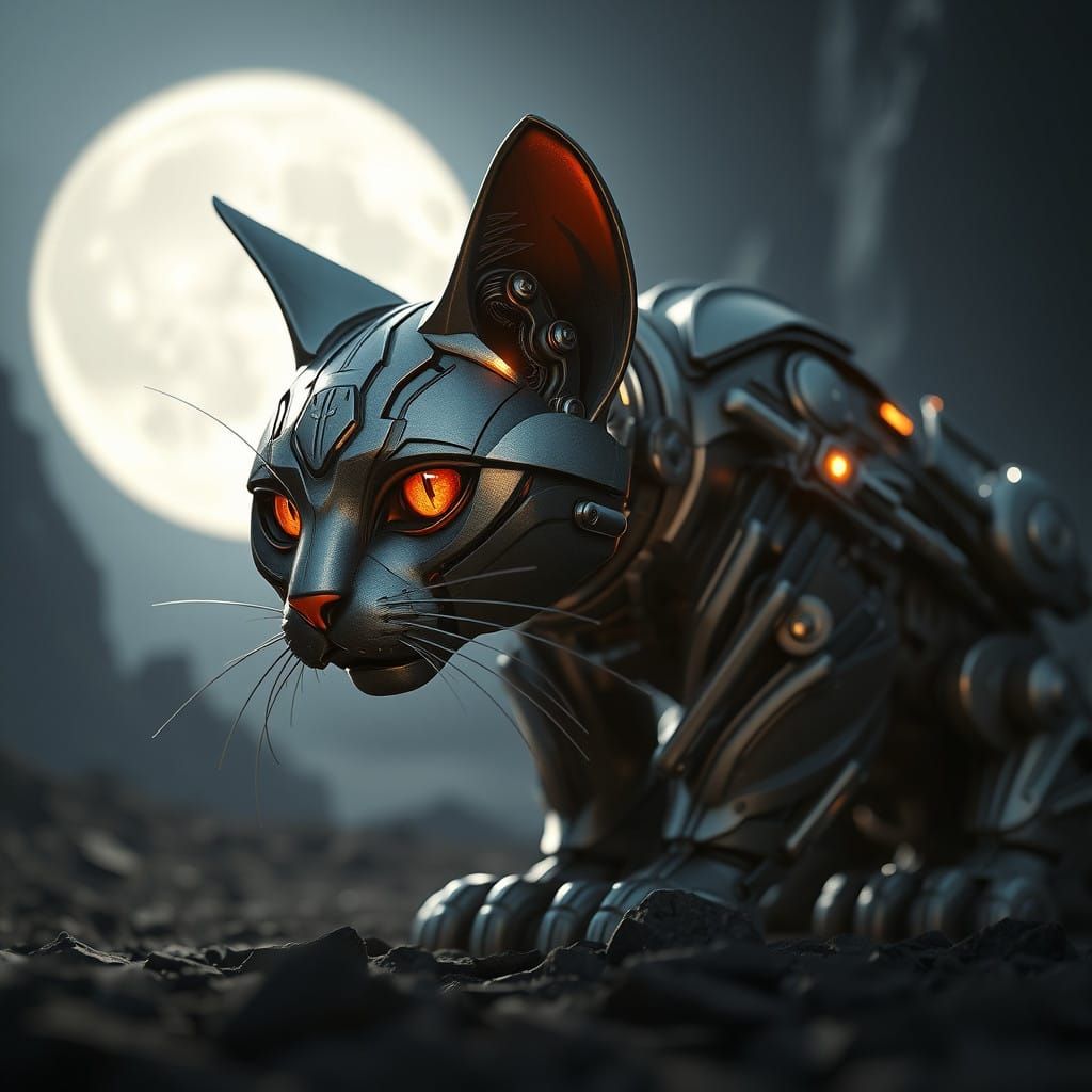 Cyberpunk Cat Amidst a Futuristic Lunar Landscape