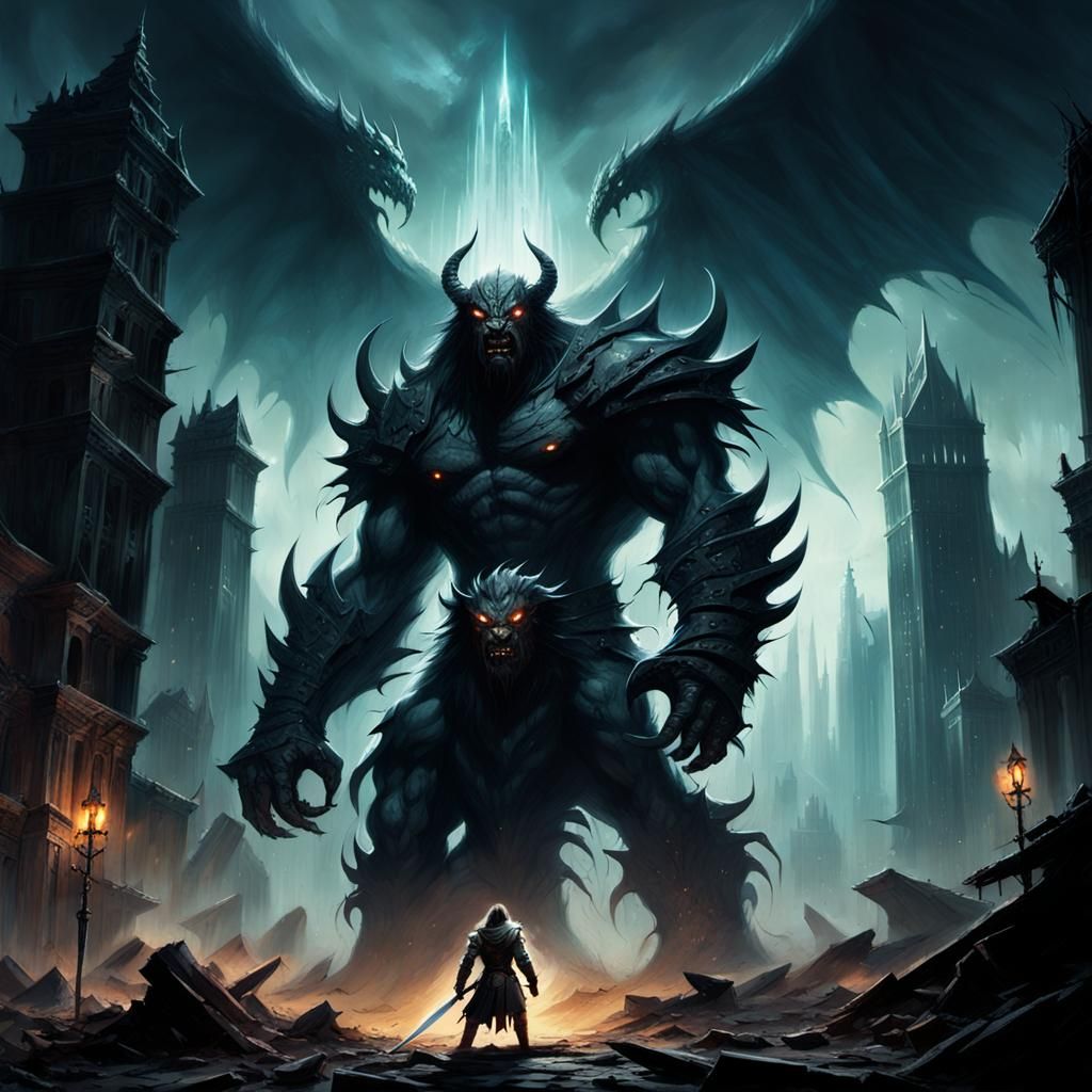 Epic Fantasy Warrior Confronts Colossal Monster