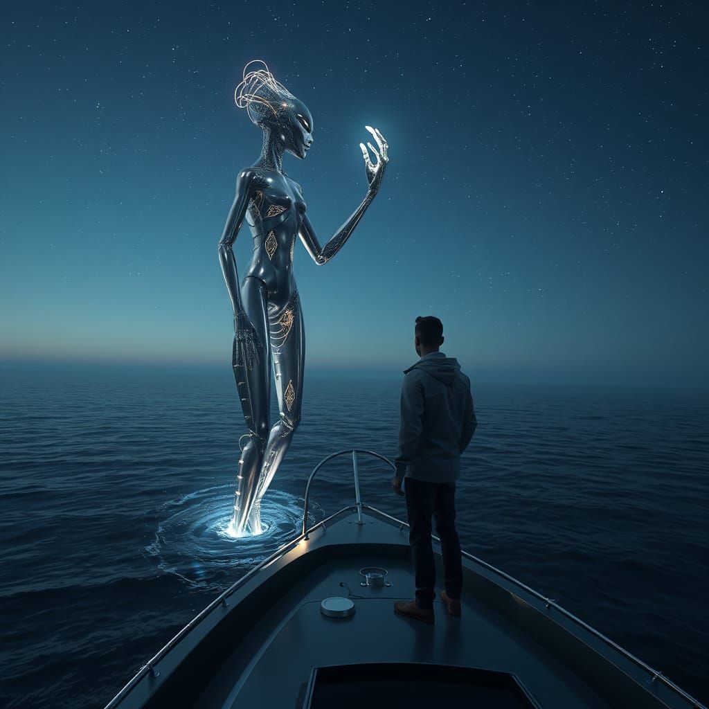 Sailor's Encounter with Mechanized Alien in Sci-Fi Style