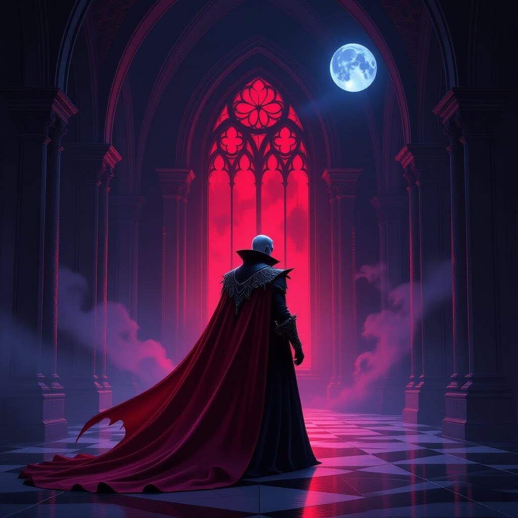 Vampire King in Gothic Castle Under Eerie Moonlight