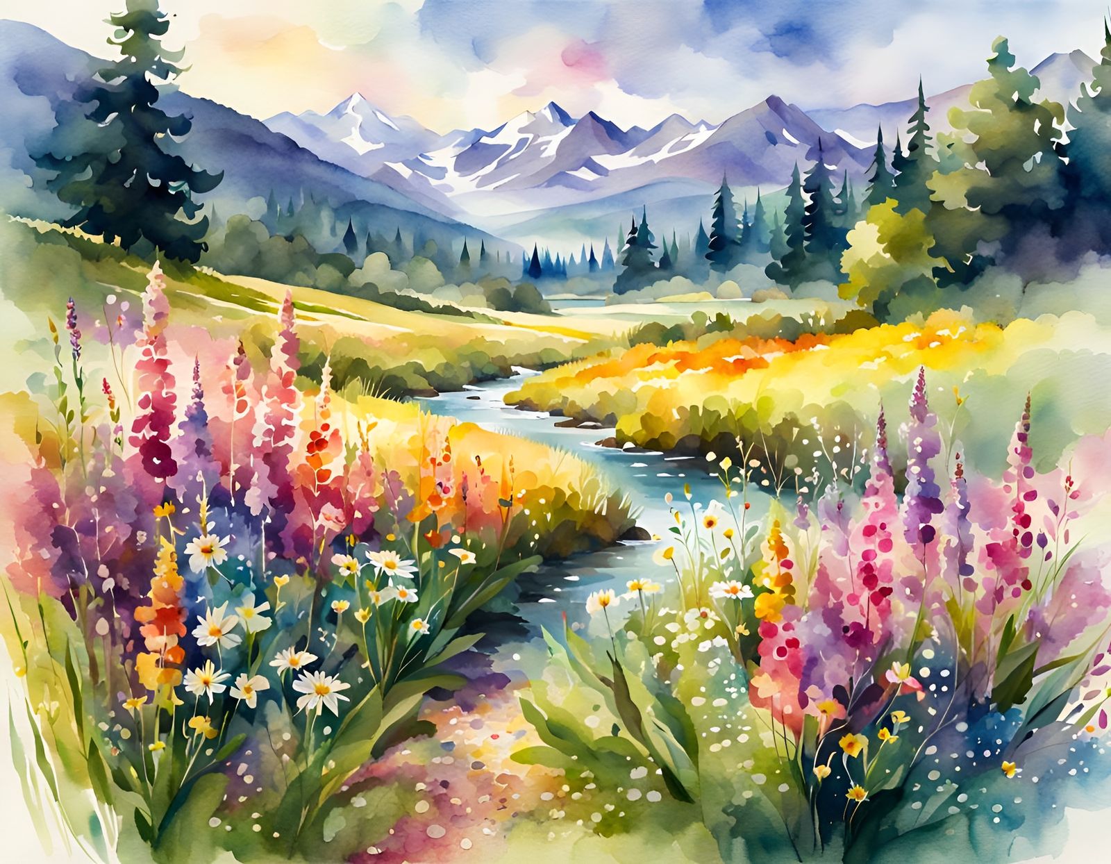 Watercolor Flower Meadow in Morning Light