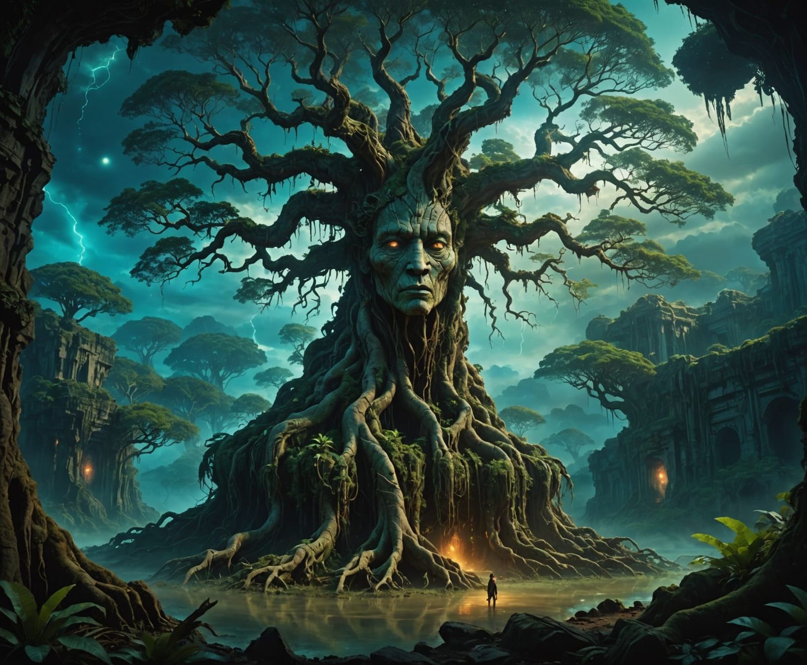 Ancient Tree With Deity Roots in Alien Jungle