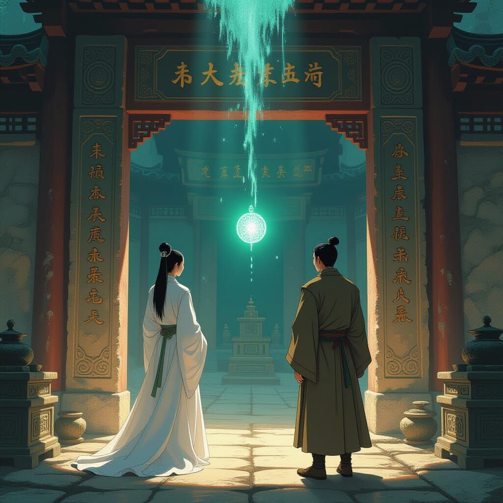 Ancient Temple Gate Illuminated by Jade Pendant