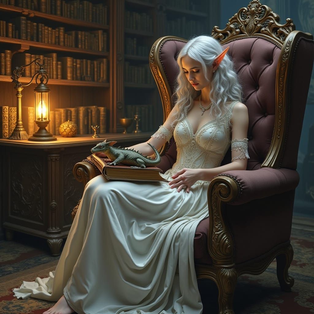 Elven Woman Enchants a Small Dragon in a Whimsical Fantasy L...