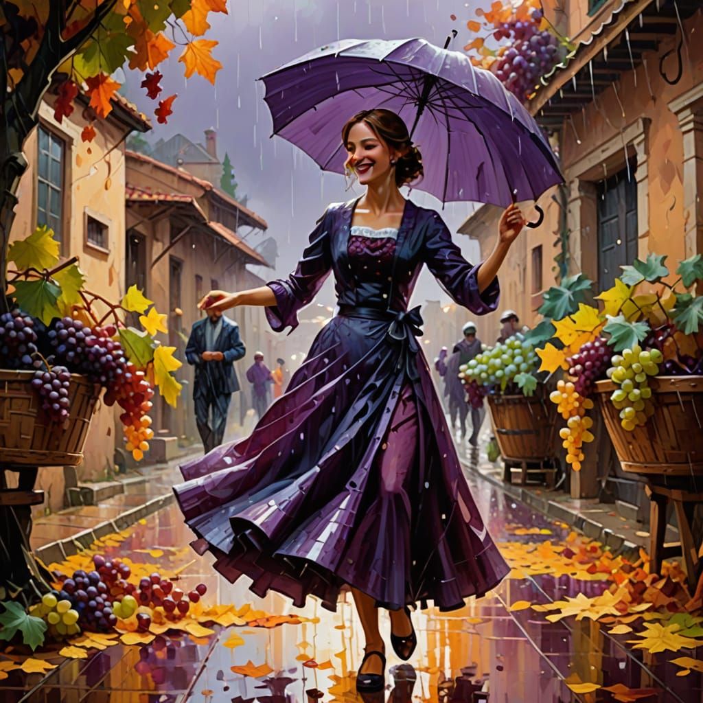 Woman Dancing in Grape Rain with Open Umbrella