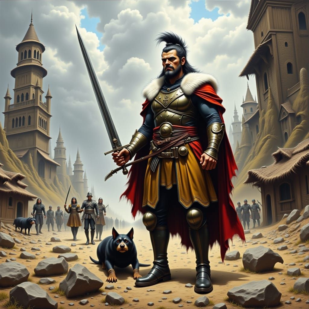 Warrior Caricature in Strange Cityscape
