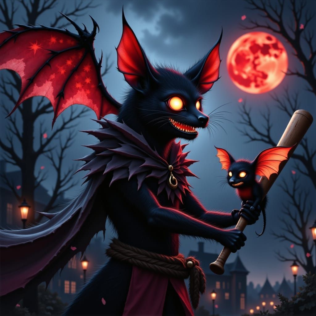 Gothic Vampire Bat Plays Baseball in Cityscape