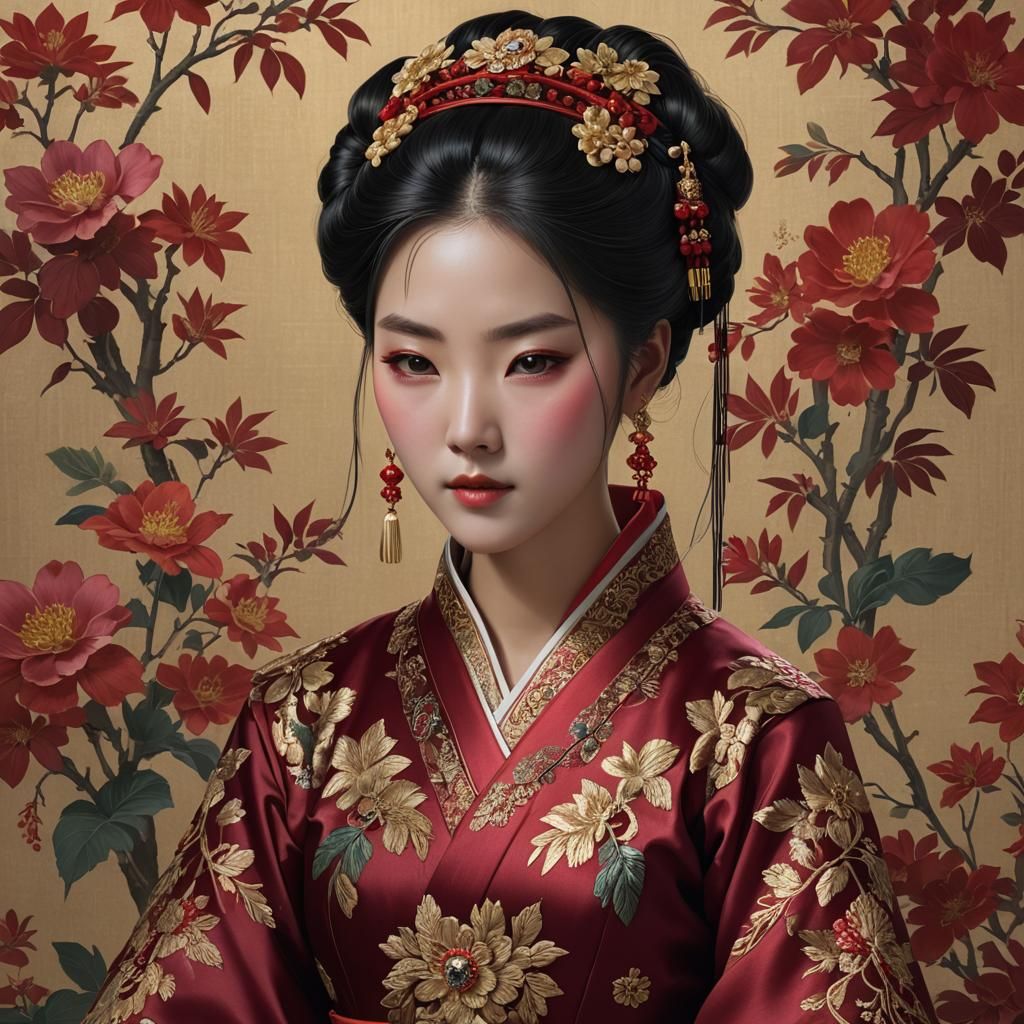 Korean Woman in Crimson Silk Gown: 3D Anime Art
