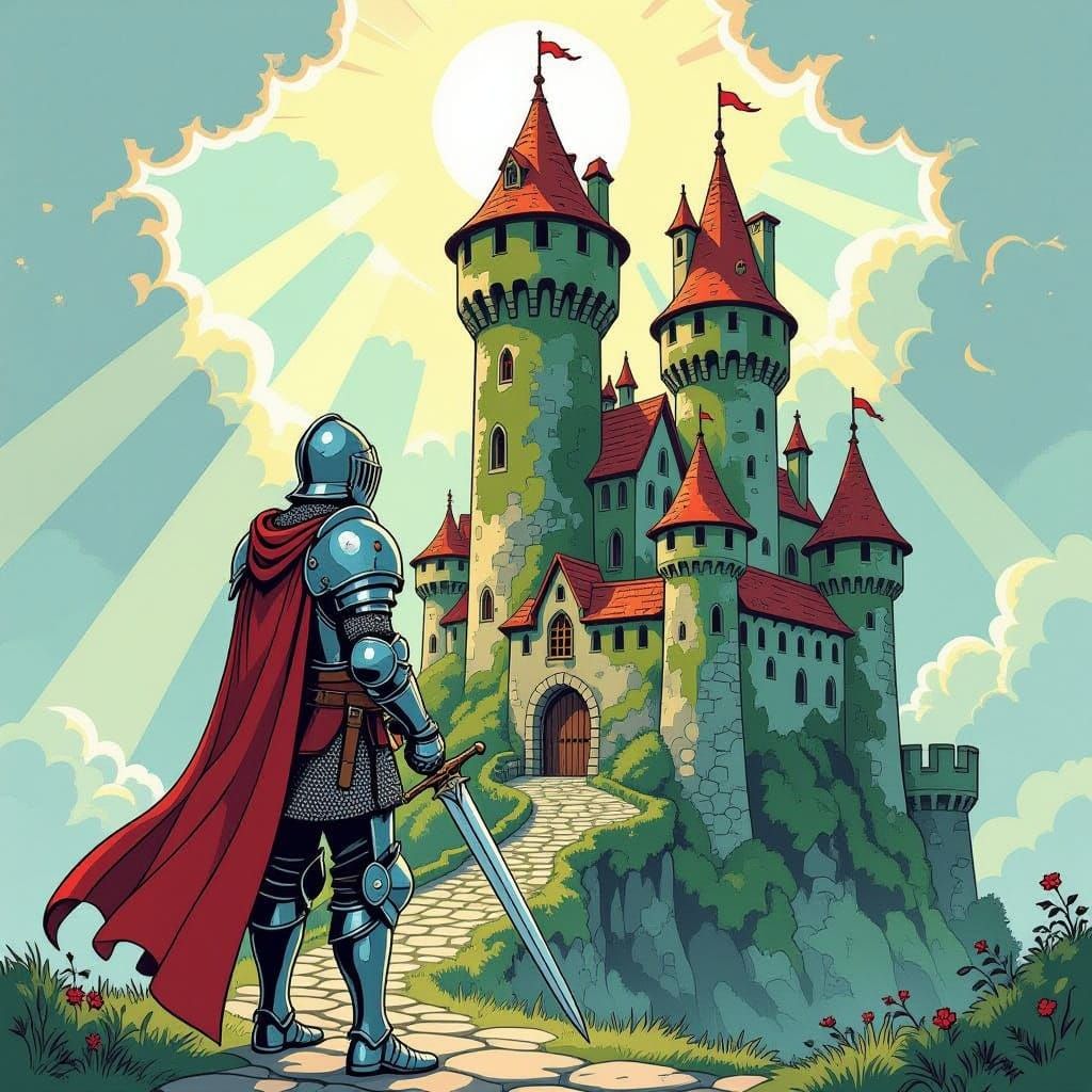Brave Knight Before Mossy Castle in Storybook Style