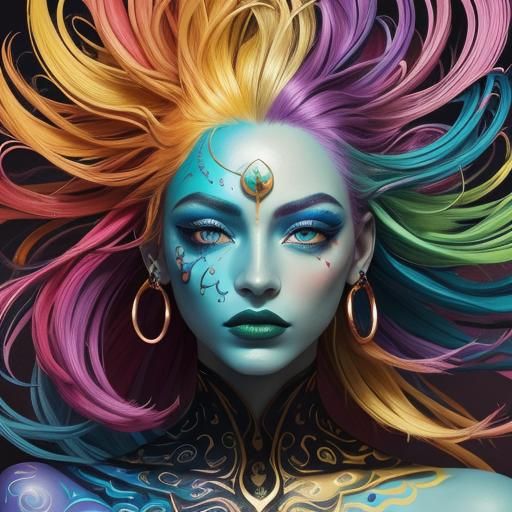 Rainbow Woman with Peacock Feathers in Surreal Style