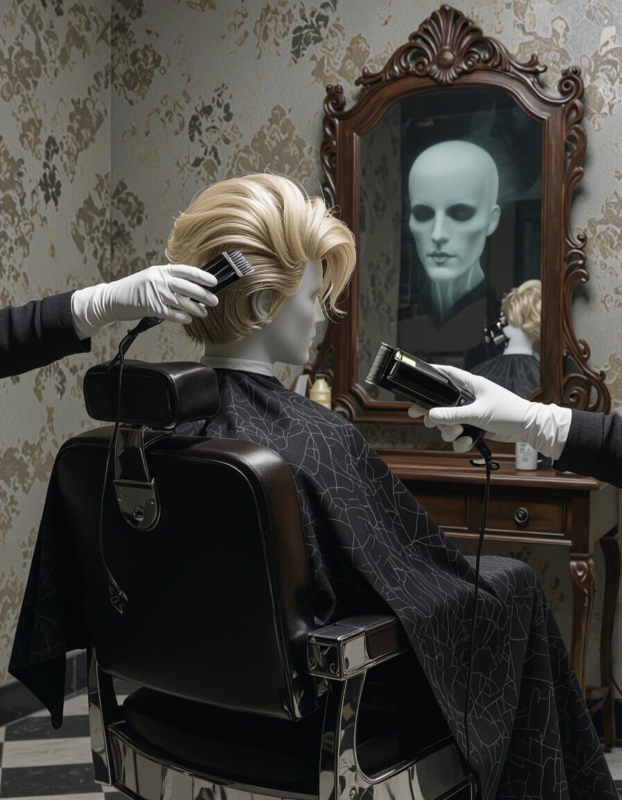 Surreal Barber Chair Scene with Ghostly Barber Reflection