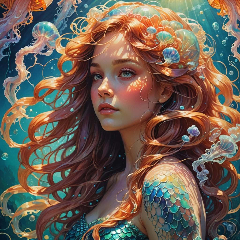 Mermaid in Sunlit Ocean as Vibrant Oil Painting