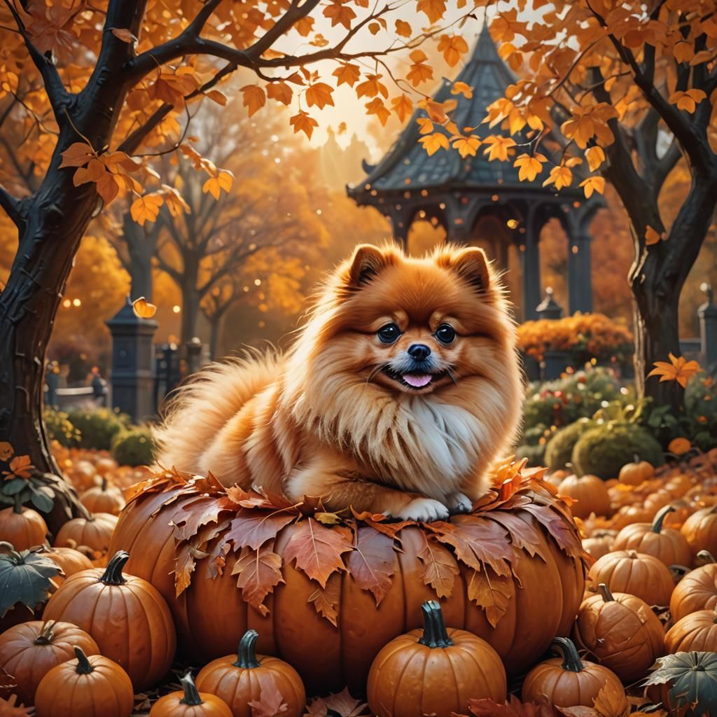 Pomeranian in Pumpkin Patch: Fantasy Matte Painting