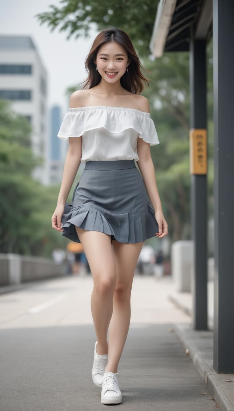 Elegant Asian Woman in Windy Skirt