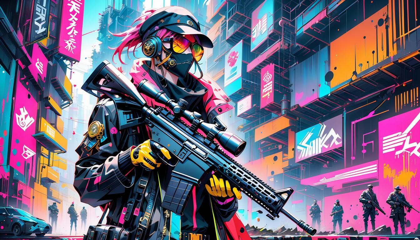 Cyberpunk Steampunk Anime Sniper in Graffiti Street Art