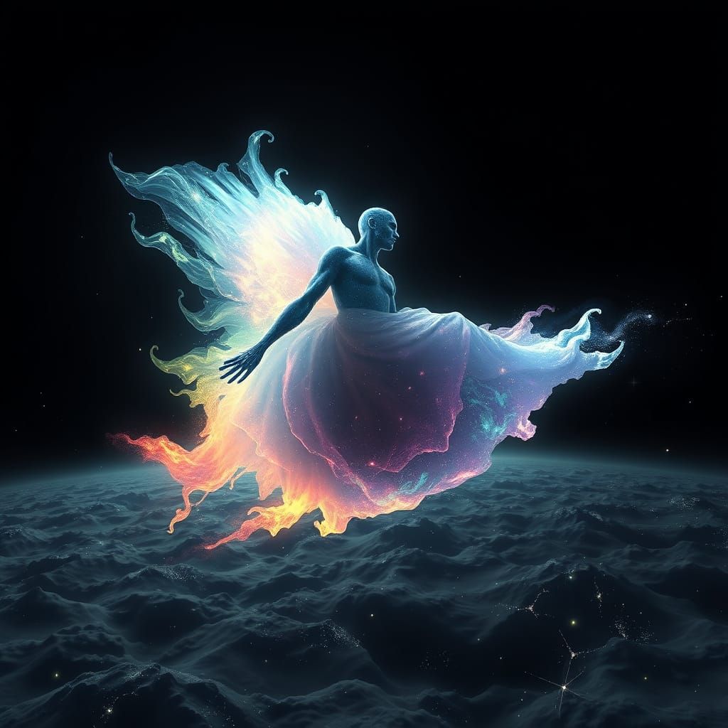 Cosmic Deity Emerges from the Void in Iridescent Splendor