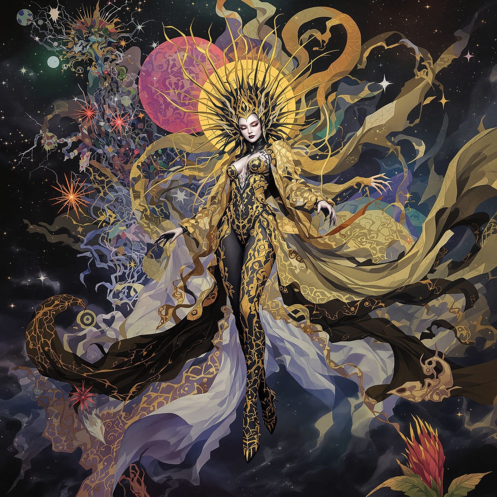 Merged Benzaiten and Hannya Spirits in Surreal Style