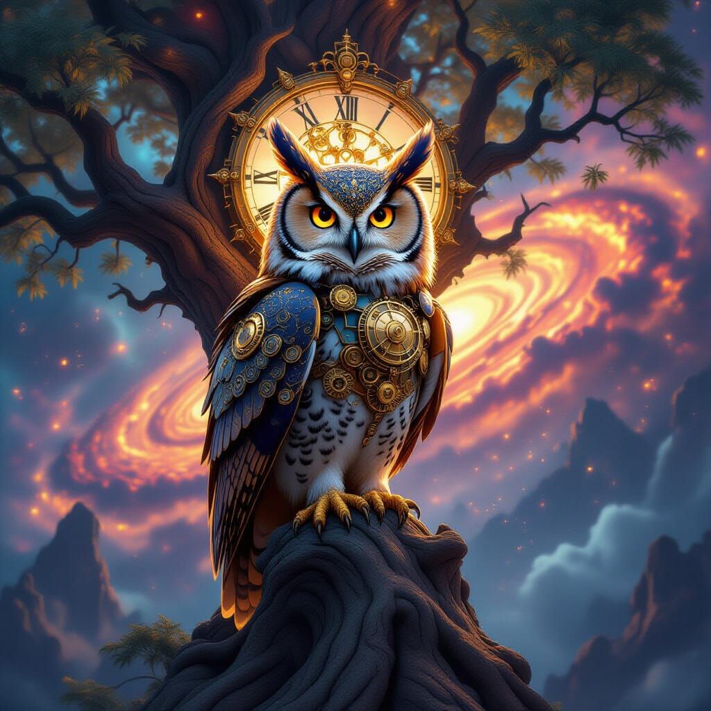 Steampunk Owl on Mystical Tree in Cosmic Nebula