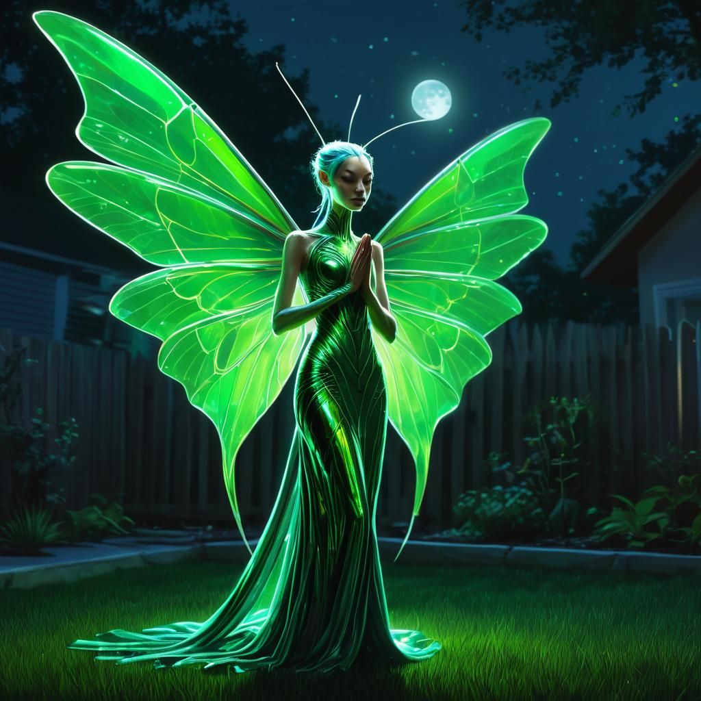 Praying Mantis Woman in Viridescent Cyberpunk Style