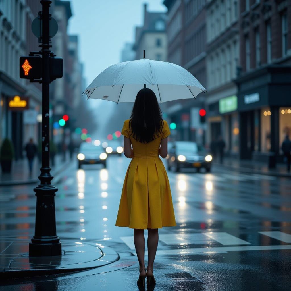 Woman in Yellow Dress on Rainy Corner