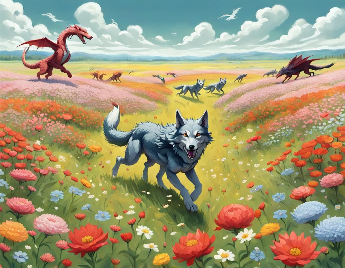 Wolves Chase Dragon Through Flower Field