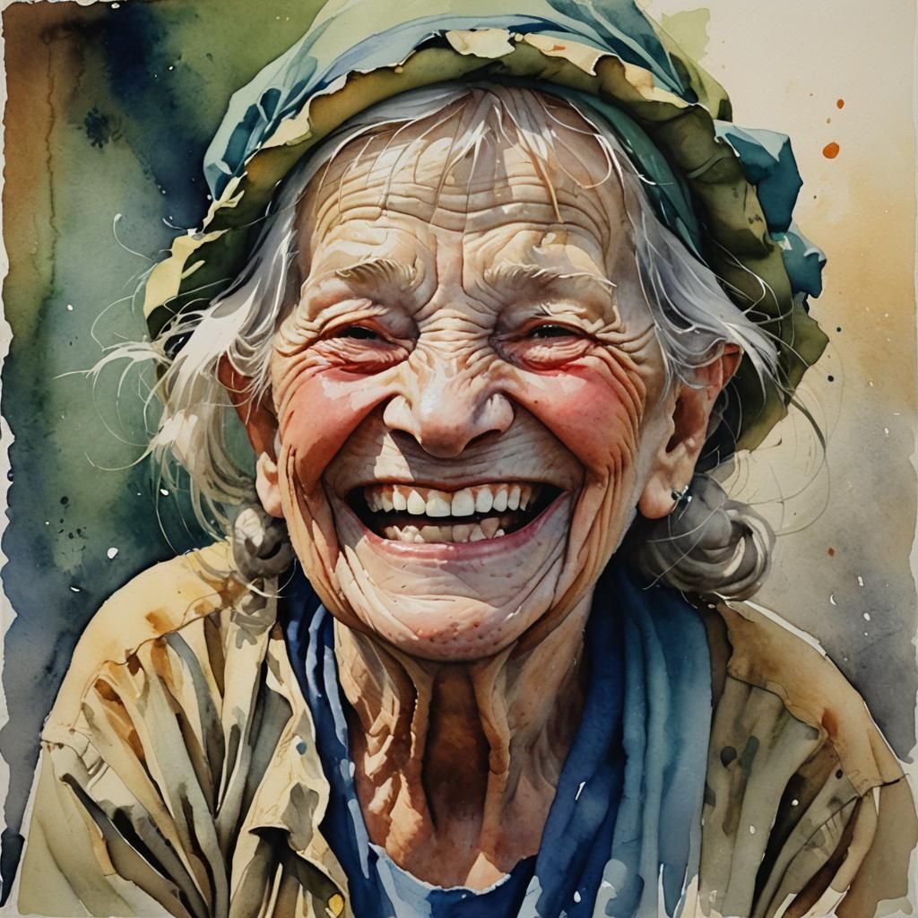 Laughing Old Woman in Watercolor Style